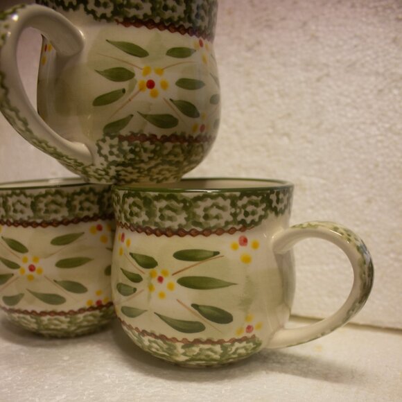Temptations By Tara Coffee Cup Pot Belly Mug Old World Green Set of 3 - Picture 3 of 6